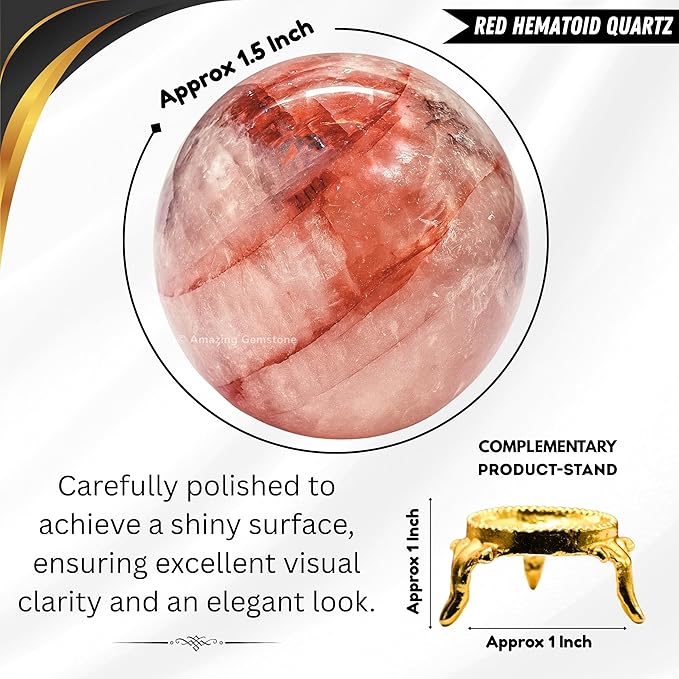 Amazing Gemstone Red Hematoid Quartz Crystal Ball with Stand - 1.5 Inches Crystal Sphere Meditation Balls for Witchcraft and Decorative Balls
