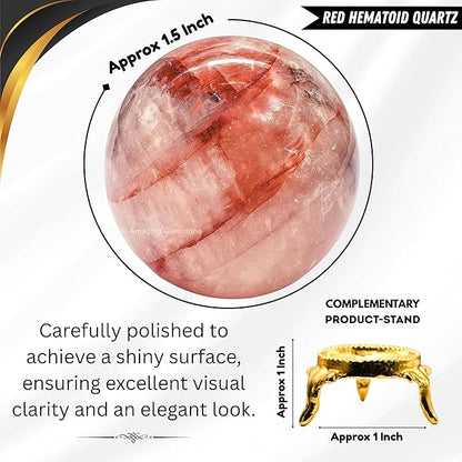 Amazing Gemstone Red Hematoid Quartz Crystal Ball with Stand - 1.5 Inches Crystal Sphere Meditation Balls for Witchcraft and Decorative Balls