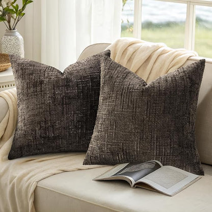 decorUhome Spring Dark Brown Chenille Euro Sham Throw Pillow Covers 22x22 Set of 2 Textured Slubby Couch Pillow Covers Farmhouse Accent Modern Neutral Decorative Pillow Cases for Bed Sofa Living Room