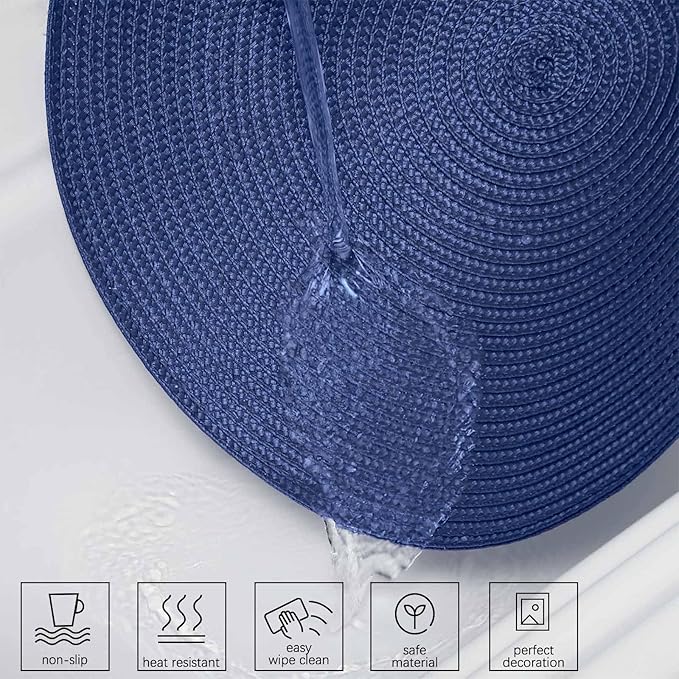 AHHFSMEI Round Braided Placemats 15 Inch Round Table Mats for Dining Tables Natural Woven Heat Resistant Place mats Set of 8 (Navy Blue,8)