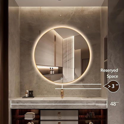 40" Round LED Bathroom Mirror, Wall Mounted Backlit Vanity With Lights, Fog Free Circle With Gold Frame, Smart Light Up 3-Color