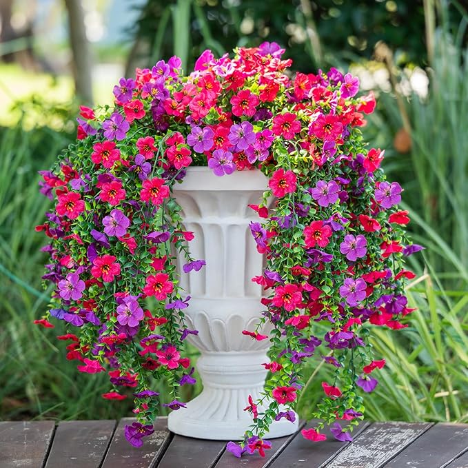 2 PCS Artificial Hanging Flowers for Outdoors Decorations, Spring Summer Realistic Silk Daisy with Eucalyptus, UV Resistant Faux Plants for Patio Home Decor Window Box (Rose Red&Light Purple)