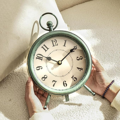 Vintage Rustic Green Table Clock on Stand, Decorative Desk and Shelf Clock，Decorative Battery Operated Table Top Clock for Living Room，Silent Non-Ticking