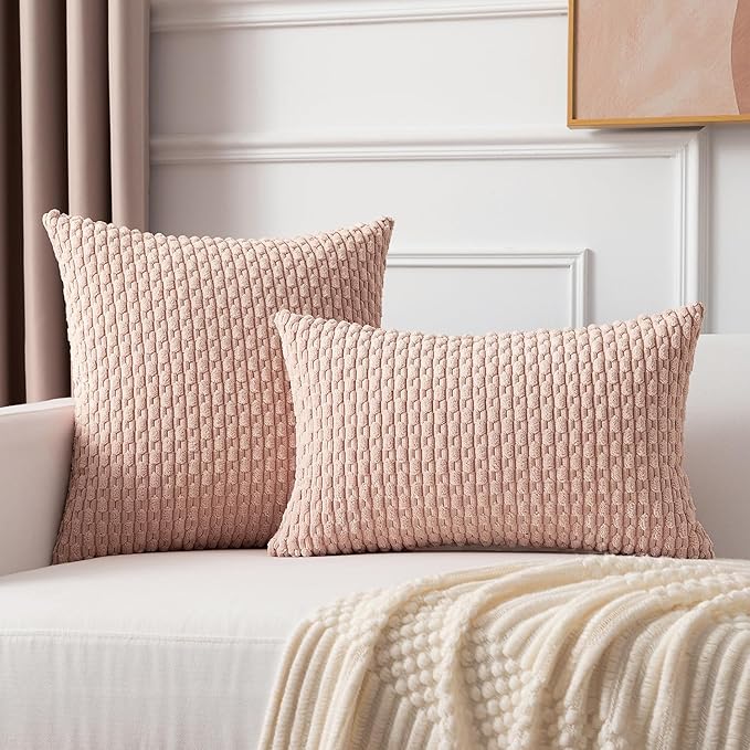 Kevin Textile 24x24 Pillow Covers 2 Packs Light Pink with Stripe Pattern Super Soft Corduroy Square Solid Cushion Cover Valentines Day Gifts for Couch Sofa Bedroom Living Room 60x60 cm