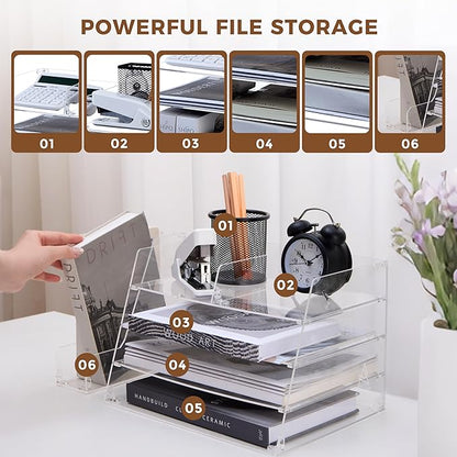 Acrylic Desk Organizer - 4-Tier Tray with Vertical File Holder for Books, Stationary, Letter, Magazines, Documents, and File Organizer - Durable Space Saving Storage, For Home and Office