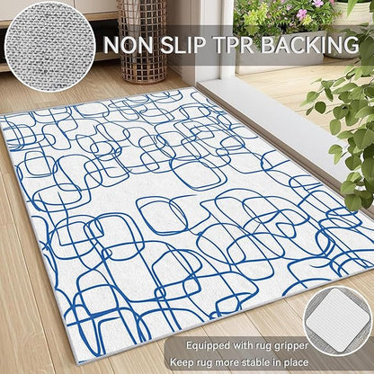 Abstract Rugs - Abstract Contemporary Rug, 2x3 Rug, Minimalist Boho Blue and White Line Art Area Rug & Room Decor, Modern Carpet & Home Decor, Washable Non Slip Anti Skid Rugs
