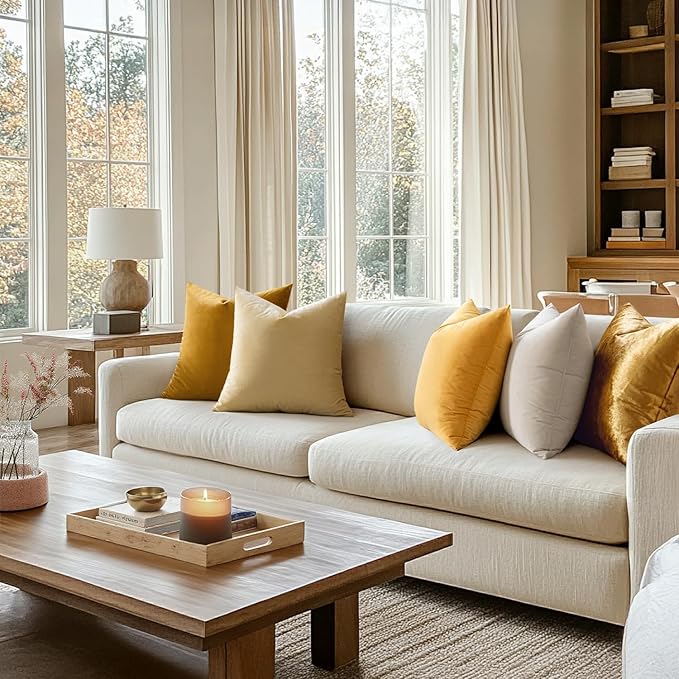 MIULEE Velvet Throw Pillow Covers 16x16 Inch, Pack of 2 - Mustard Yellow, Soft Solid Decorative Pillow Covers Cushion Cases Modern Luxury Home Decor for Spring Couch Sofa Bedroom Livingroom