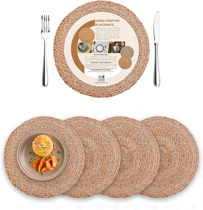 Eco Crave Jute Round Woven Placemats Set of 4, Natural 13 Inch Boho Farmhouse Rustic Hand Woven Place mat for Dining Table Decor, Wicker Chargers Heat Resistant Easy to Clean and Non-Slip Placemat