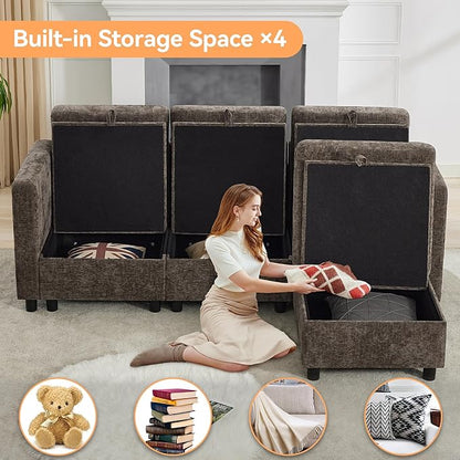 83'' Modular Sectional Sofa Convertible L Shaped Couch Set for Living Room, 4 Seat Storage Modular Sofa with Movable Ottoman, Chenille Brown