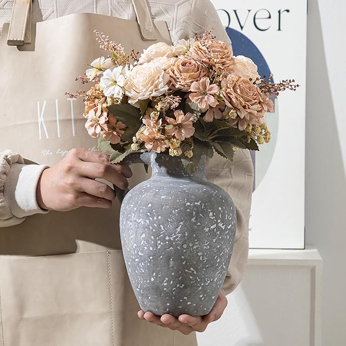 Ceramic Decorative Flower Vase with Handle, 8.85 Inch Black Pottery Rustic Farmhouse Vase for Home Decor, Living Room, Shelf Decor, Wedding, Housewarming Gift