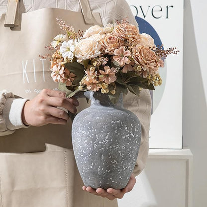 Ceramic Decorative Flower Vase with Handle, 8.85 Inch Black Pottery Rustic Farmhouse Vase for Home Decor, Living Room, Shelf Decor, Wedding, Housewarming Gift