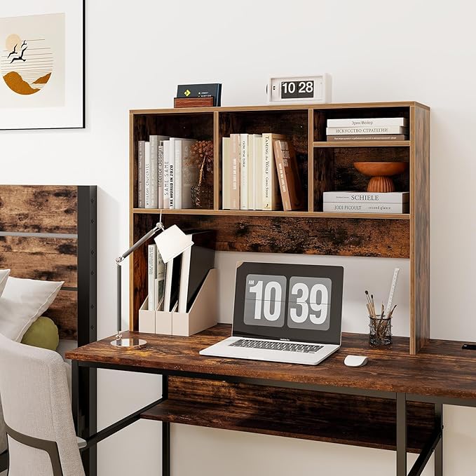GOFLAME 4 Cubes Desktop Bookshelf, 37” Tabletop Wood Desk Shelf for Computer Monitor, Modern Countertop Desk Display Hutch Storage Organizer Shelf for Home Office, Dorm, Study (Rustic Brown)