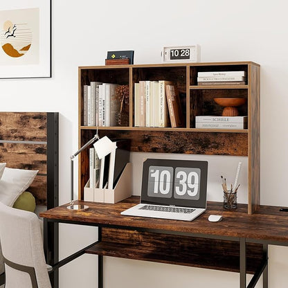 GOFLAME 4 Cubes Desktop Bookshelf, 37” Tabletop Wood Desk Shelf for Computer Monitor, Modern Countertop Desk Display Hutch Storage Organizer Shelf for Home Office, Dorm, Study (Rustic Brown)