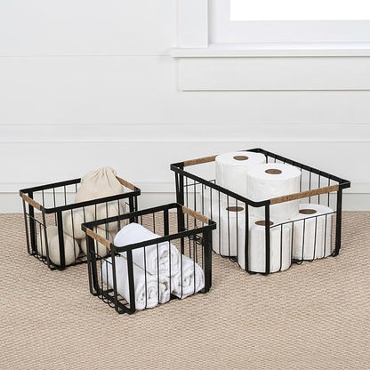 happimess BSK3003A-3SET Henley Vintage Farmhouse Wire Metal Nesting Storage Baskets with Jute Wrapped Handles for Shelves, Cabinets, Pantry, Countertop, Mesh Open Bin Basket, Black (Set of 3)