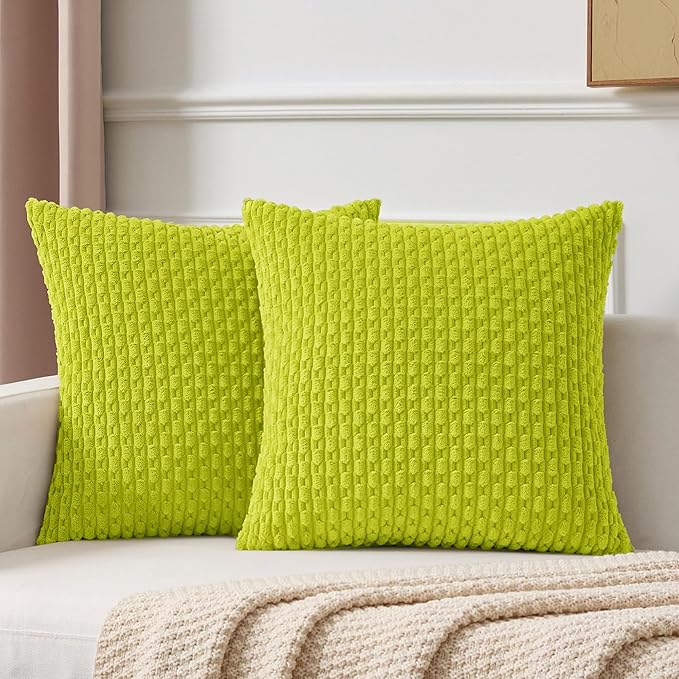 Kevin Textile Decorative Pillow Covers Set of 2 Striped Plush Corduroy Pillows Pillowcases Boho Home Decor Cushion Covers for Couch Sofa Bed Living Room 16x16 Inch, Christmas Green