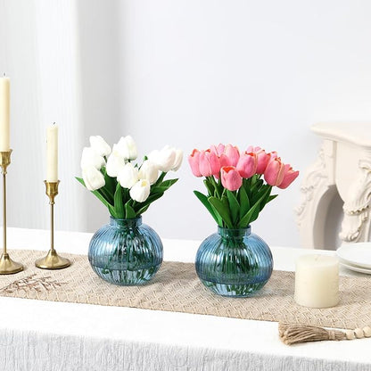Round Glass Vases, Set of 2 Small Vases for Flowers, Blue Glass Vase for Tulips, Modern Vase for Living Room, Office, Coffee Table, Shelf, Wedding, 5 Inches