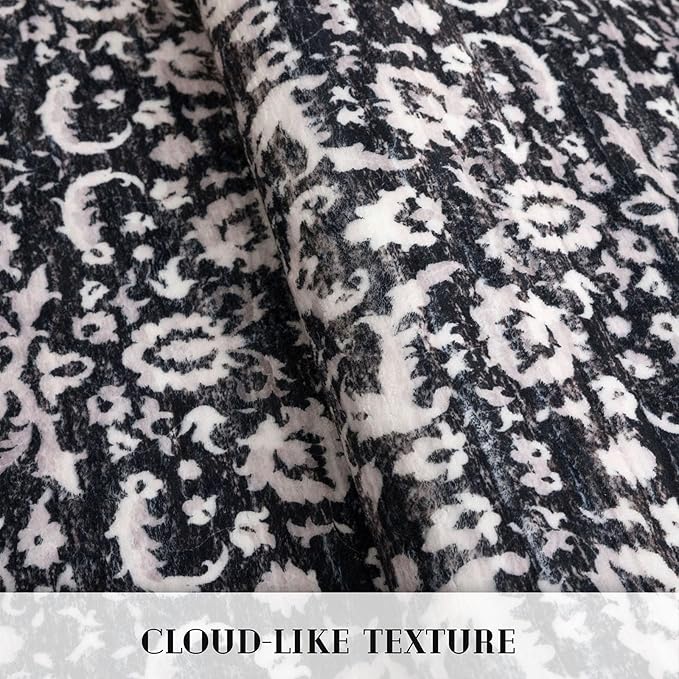 Vintage Floral 2x6 Runner Rug, Black and White Washable Kitchen Runner Rug Non-Slip Hallway Rug Runner Boho Thin Printed Faux Wool Super Soft Carpet for Entryway Bedroom Laundry Room Indoor