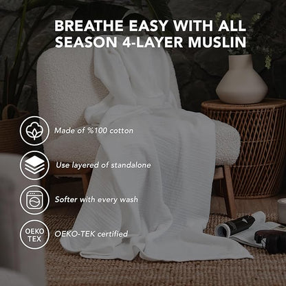 Goqan Muslin Blanket Twin 55x79 – 100% Turkish Cotton 4 Layer Boho Muslin Blanket for Adults, Four Season, Lightweight and Thin, Soft, Breathable, for Bed, Couch - White