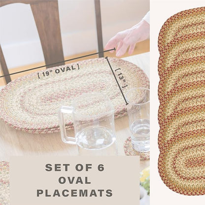 Homespice Harvest Jute Braided Oval Placemats, Warm Country Decor, Set of 6, 13x19 Multicolor Table Mats - Vibrant Colors, Durable, Easy to Clean and Protects Furniture