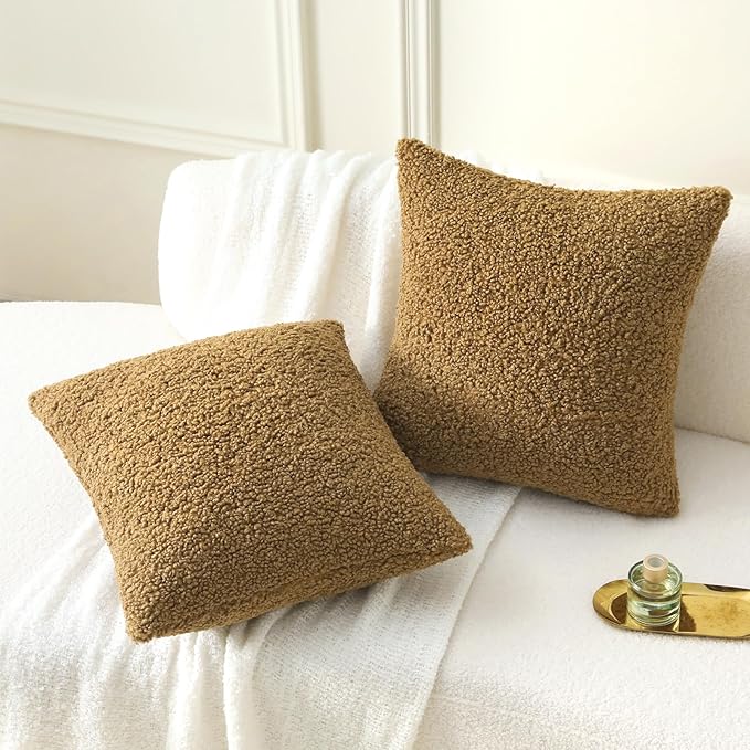 FUTEI Khaki Throw Pillow Covers 18x18 Inch Set of 2,Furry Faux Fur Teddy Boucle Textured Cushion Covers,Soft Fluffy Decorative Pillow Case,Home Decor for Couch Bed Living Room Office Car