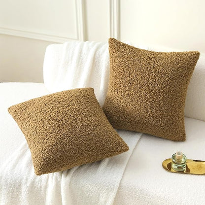 FUTEI Khaki Throw Pillow Covers 24x24 Inch Set of 2,Furry Faux Fur Teddy Boucle Textured Cushion Covers,Soft Fluffy European Pillow Shams,Home Decor for Couch Bed Living Room Office Car
