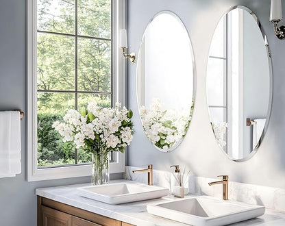 Frameless Oval Wall Mirror: Decorative Elliptical Mirrored Glass Vanity with Beveled Silver Edge for Bathroom Bedroom Livingroom Dining Room Entryway Hallway, 32 x 24 inch