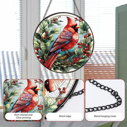 Rngmsi Cardinal Stained Glass Window Hanging Decor, 7.8″ Sun Catchers Stain Glass Window Hanging Indoor, Bird Suncatcher Home Wall Art Gift for Thanksgiving Christmas Housewarming
