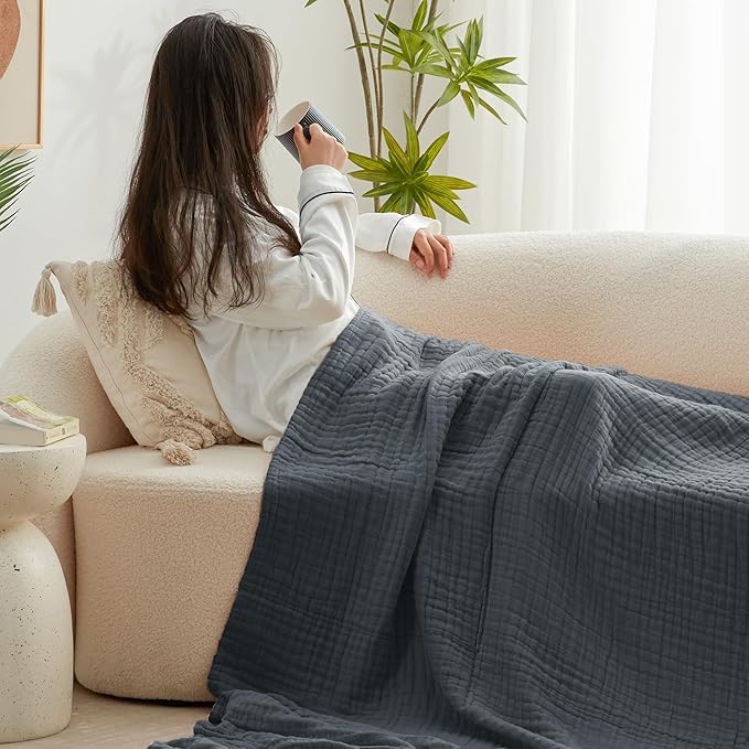 Love's cabin 6 Layer 100% Cotton Muslin Blanket, 60"x80" Twin Muslin Blanket for Couch Bed, Lightweight and Breathable Cotton Gauze for Adult, Dark Grey