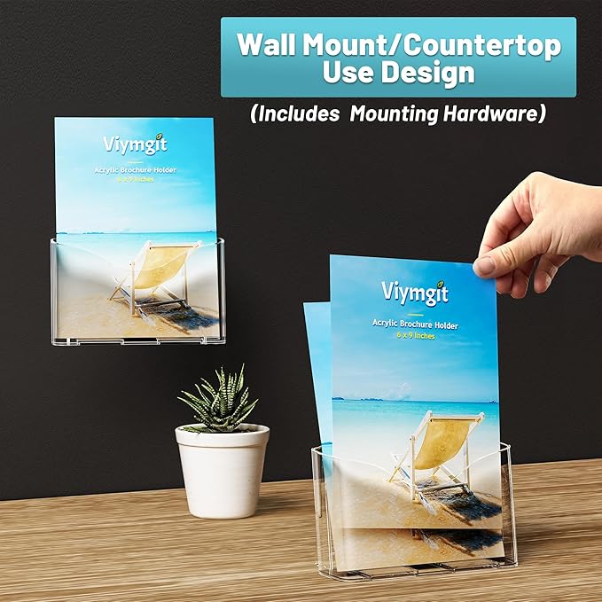 Acrylic Brochure Holder 6 x 8 Inches, 6-Pack Clear Plastic Display Stand for Half-Fold Flyers, Pamphlets, Menus, Trifold Literature, Wall Mount or Countertop Use