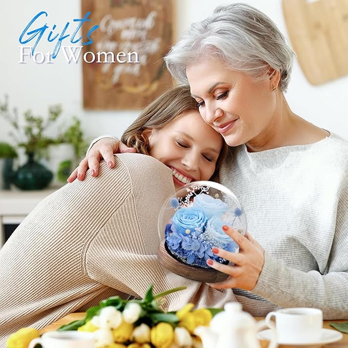 FIACO Valentines Gifts for Her Preserved Flowers in Glass Dome Long-Lasting Eternal Roses Birthday Gifts for Women Mom Grandma Wife Girlfriend Blue Forever Flowers for Delivery Prime