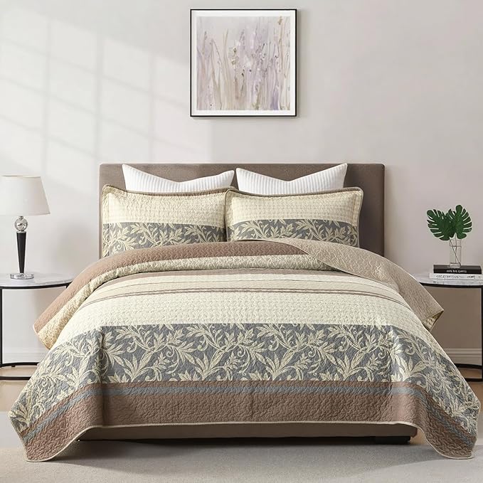 PERHOM King Size Quilt Set, 3 Pieces 100% Cotton King Quilted Bedding with 2 Pillow Shams, Farmhouse Stiped Botanical Pattern, Lightweight Reversible Coverlet Bedspread, Brown/Beige/Gray
