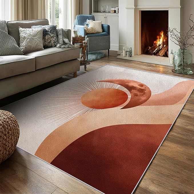 Boho Sun Rug, 6x8 Area Rugs Moon Mountain Abstract Terracotta Pattern for Living Room, Bedroom, Boho Sun Home Decor Accessories Indoor Carpet, Non Slip & Machine Washable