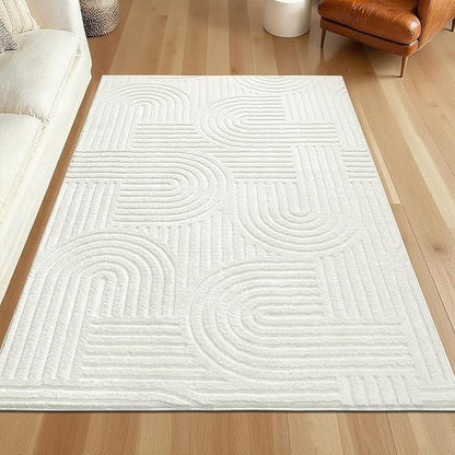 SHACOS Soft Cozy Fluffy Arch Pattern High Low Pile Area Rugs 3'x5' Non Slip Washable Scandinavian Minimalist Rug Modern Geometric Arc Carpet for Living Room Bedroom Dining Room, Cream White