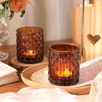 8Pcs Large Votive Candle Holders Amber Tea Light Candle Holders Glass Candle Holder for Wedding, Bridal Shower,Table Centerpiece,Party, Home Decor, Fall Decor