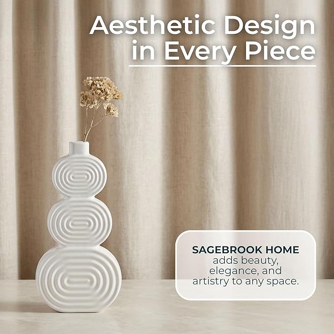 Decorative Flower Vase for Home Decor – Ceramic Modern Flower Vase with Stacked Design, Stylish Table Centerpiece for Living Room or Entry Display, Boho for Faux Flowers and Greenery – 10", White