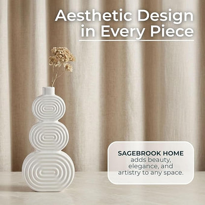 Decorative Flower Vase for Home Decor – Ceramic Modern Flower Vase with Stacked Design, Stylish Table Centerpiece for Living Room or Entry Display, Boho for Faux Flowers and Greenery – 10", White