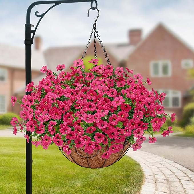 Artificial Fake Hanging Plants Flowers Basket Outdoors Outside Summer Decoration,Hanging Planters with Faux Silk Flowers Realistic UV Resistant for Home Indoor Porch Front Patio Balcony Garden Fuchsia