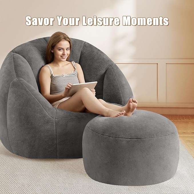 Round Pouf Ottoman Foot Rest, 29 X 18Inch Floor Poufs Footstool, A Round Modern Foam Filled Foot Stool for Living Room, Home, Nursery, Dorm, Outdoor (Grey, 29Inch)
