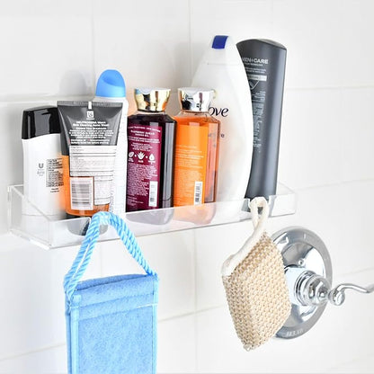AMT 2 Pack Acrylic Floating Shelves, 15"L x 4.8"W, Clear Bathroom Wall Shelves, Bookshelves, Invisible Shelf For Office, Bedroom, Kitchen, Design with Hanging Slots for Sponge, Free Screws & Drill Bit
