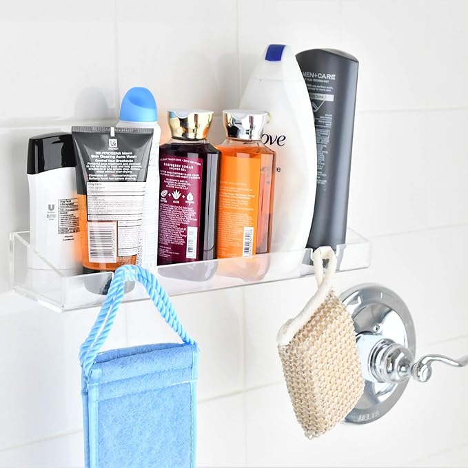 AMT 4 Pack Acrylic Floating Shelves, 15"L x 4.8"W, Clear Bathroom Wall Shelves, Bookshelves, Invisible Shelf For Office, Bedroom, Kitchen, Design with Hanging Slots for Sponge, Free Screws & Drill Bit