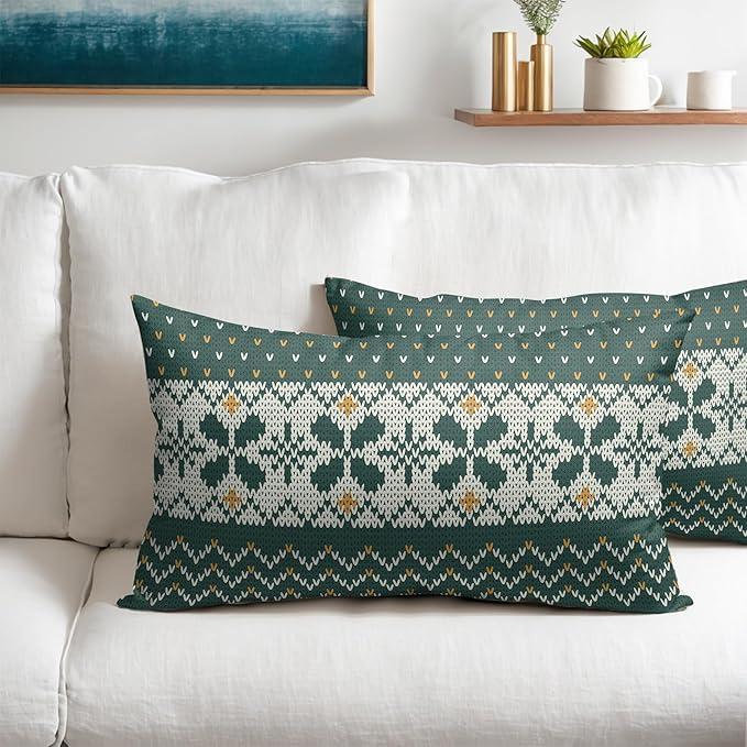 Dark Green Christmas Lumbar Pillow Covers 12x20 Set of 2 Xmas Floral Pattern Rustic Decorative Outdoor Farmhouse Pillowcases Decorations Winter Holiday Throw Cushion Cover Decor for Couch Sofa Bed