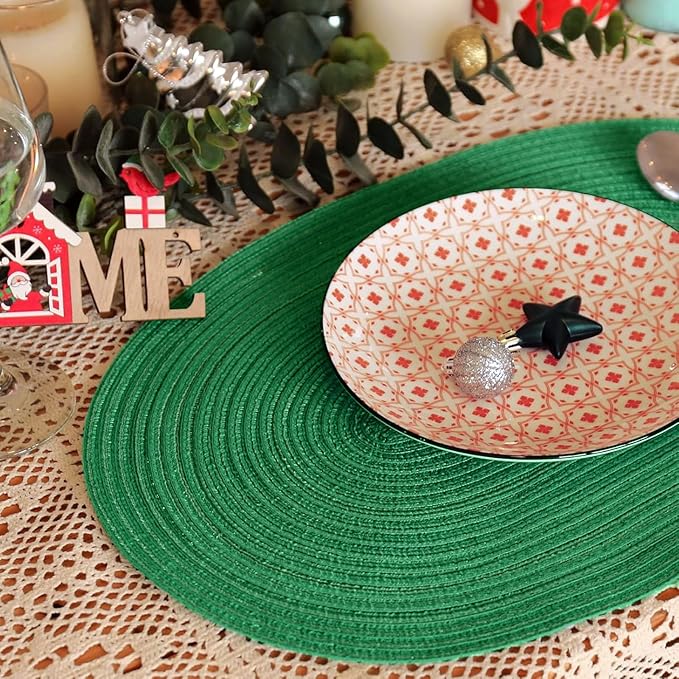 Noctiflorous Oval Braided Placemats Set of 4 Woven 12x18 Inch Non Slip Washable Heat Resistant Place Mats Round Tablemats for Dining Kitchen Party Daily Table Decor Dinner Mats (Green Shine, 4)