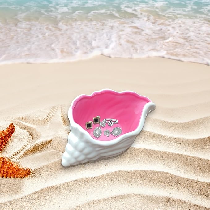 Ceramic Conch Shell Trinket Dish Pink Jewelry Tray Shell Jewelry Dish Earring Ring Dish Holder Ocean Coastal Decor Jewelry Plate Tray for Rings Earrings Necklaces Bracelet Jewelry Watch Keys