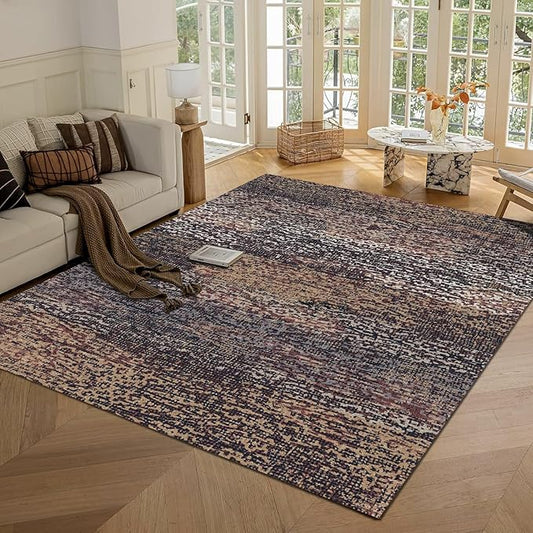 RUGSURE Washable Area Rug - 1/6" Thick Low Pile - Stain & Water Resistant Non-Slip Backing - Pet & Child Friendly Vintage Abstract Design in Multi-Tone Rust Brown, Blue & Beige (3' x 5')