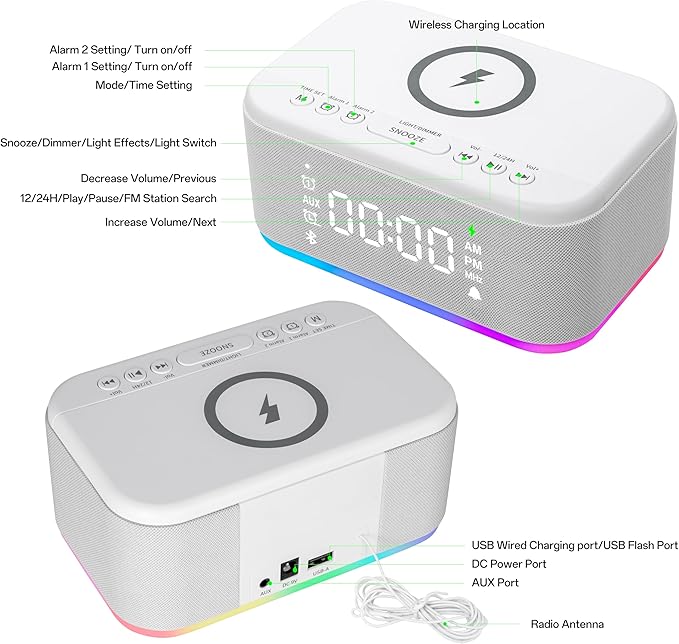 Bluetooth Alarm Clock Radio Bedroom, Digital Dual Alarm Clock Bedroom, Up to 10 Alarms Clock Night Light Speaker App/Button Control FM Charge Snooze Adjustable Volume Dim 12/24H, White