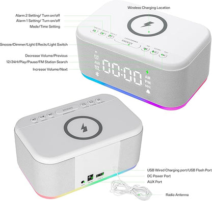 Bluetooth Alarm Clock Radio Bedroom, Digital Dual Alarm Clock Bedroom, Up to 10 Alarms Clock Night Light Speaker App/Button Control FM Charge Snooze Adjustable Volume Dim 12/24H, White