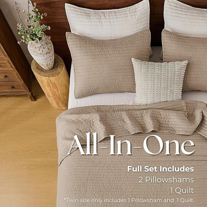 DOWN HOME Cali King Quilt Bedding Set with Shams, Vintage Washed Quilted Blanket Thin Comforter Lightweight Bedspread Coverlet Bed Cover, Brushed Microfiber Stripe Stitching, Brown, 111"x92"