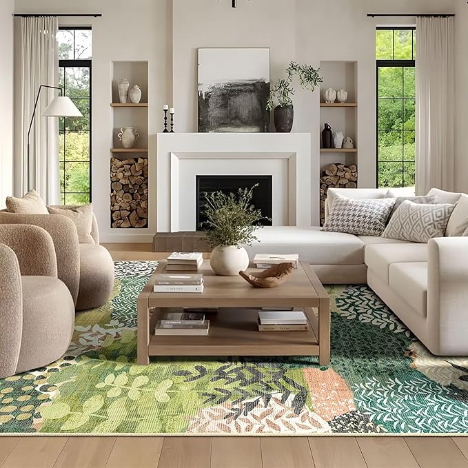DEXDE Large Area Rugs 9x12 Living Room, Floral Washable Rug Boho Print Vintage Low Pile Non Slip Carpet for Bedroom Kids Room Kitchen Playroom Office Dinning Room,Green