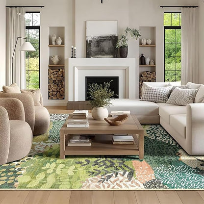 DEXDE Large Area Rugs 9x12 Living Room, Floral Washable Rug Boho Print Vintage Low Pile Non Slip Carpet for Bedroom Kids Room Kitchen Playroom Office Dinning Room,Green