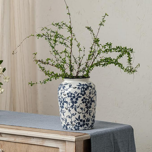 Blue and White Vintage Vase, Ceramic Chinoiserie Floral Vases, Retro Ice Cracked Round Farmhouse Rustic Large Flower Vases for Home Decor Centerpieces, Living Room, Bookshelf, Office 7.8 Inch
